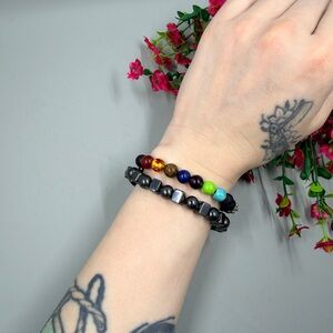 Lava Stone, Crystal and Hematite Multicolor Beaded Stretch Bracelet Stack Lot